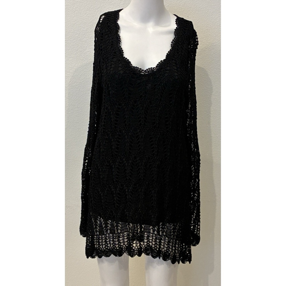 Emma James Whimsigoth Sheer Crochet Overlay Boho Tunic Top Womens Size 2X Black